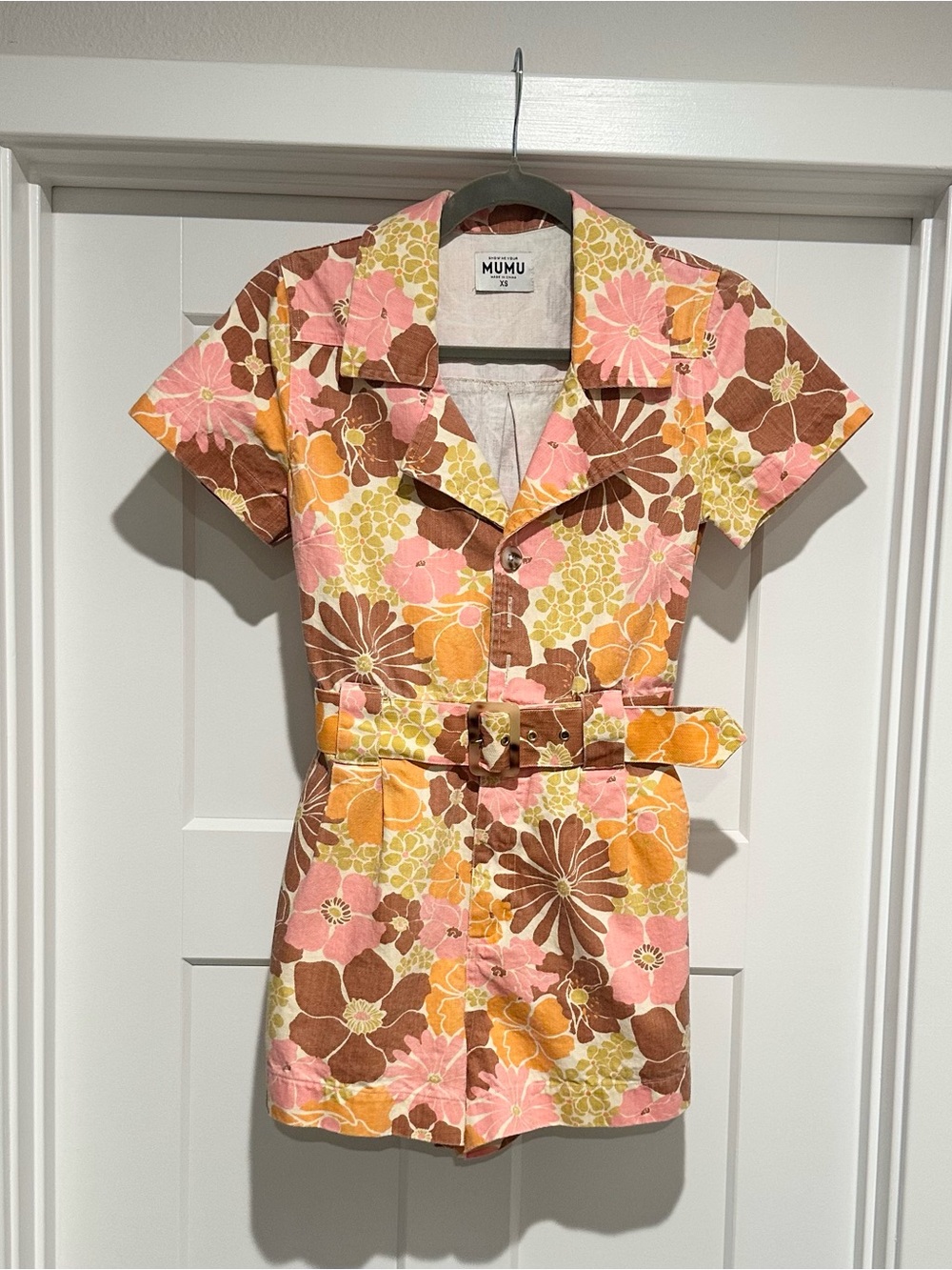 Show Me Your Mumu Rhodes Romper Retro Garden Floral Belted Pink Orange XS